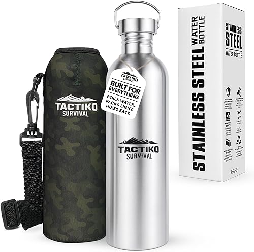Miniatura 11 de Tactiko Survival Botella de agua de boca ancha de acero inoxidable de 34 oz/33.8 fl oz, de una sola pared, segura para hervir, a prueba de fugas,