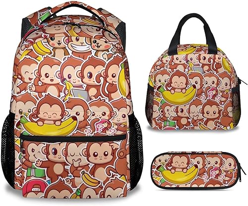 Miniatura 7 de Mochila de mono para niñas y niños, bonita mochila escolar de 16 pulgadas, bolsa de computadora portátil de gran capacidad de dibujos animados para