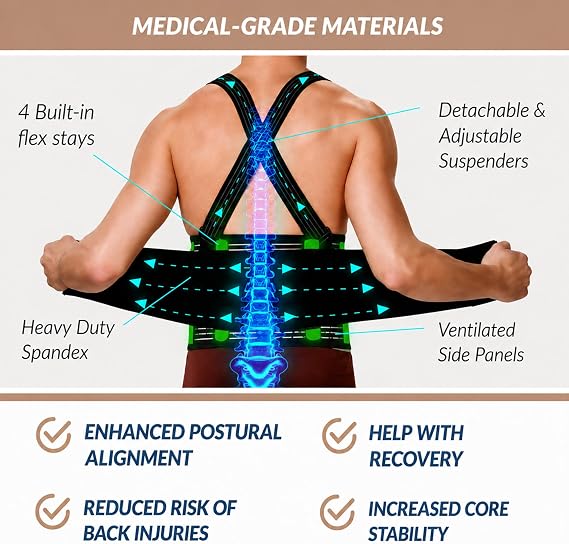Neotech Care Back Support Belt with Braces for Work - Industrial Lifting Support, Elastic Compression, Hook & Loop Fastening (Black, Size XL)