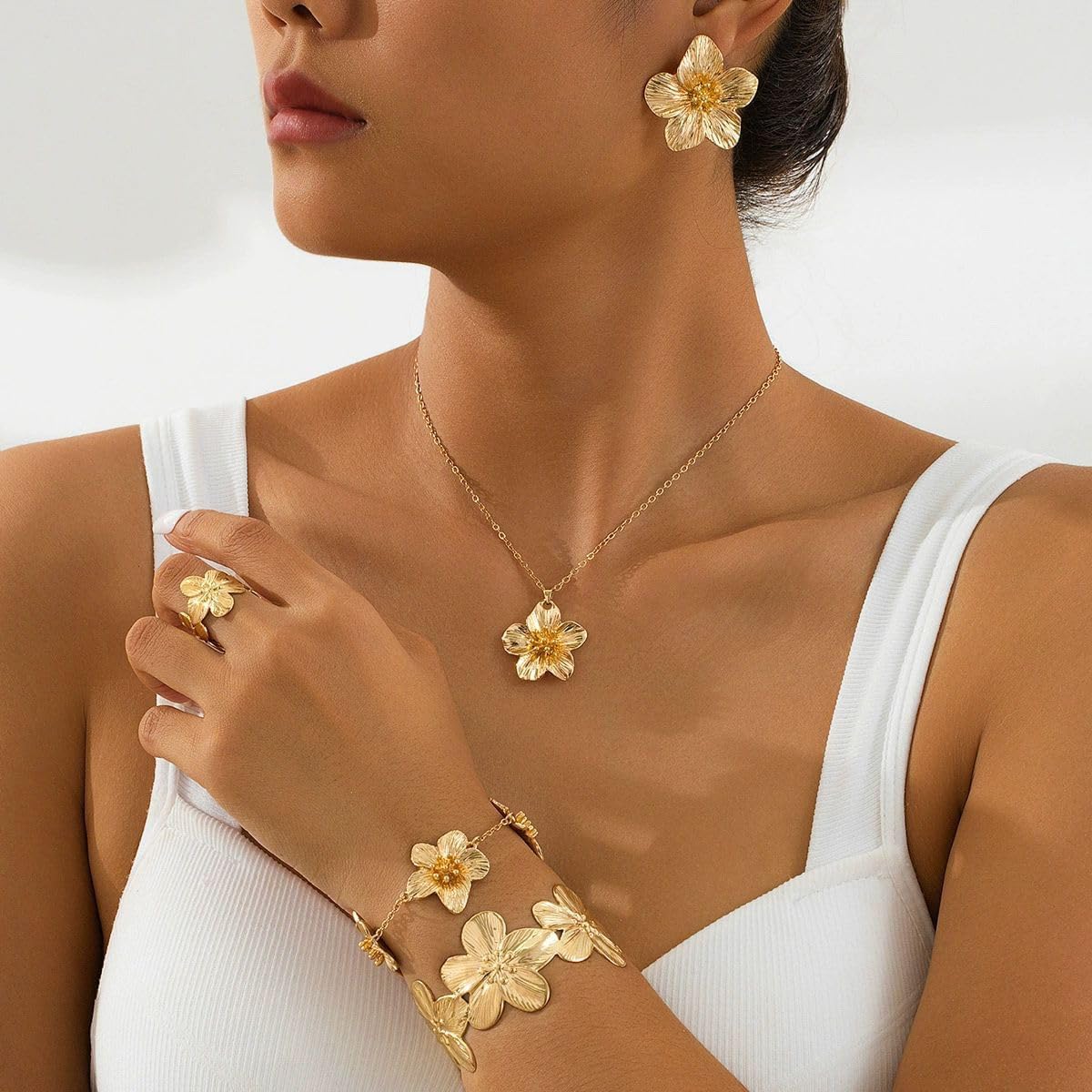 Gold Flower Jewelry Set For Women, 5 Pcs Chunky Golden Floral Pendant Necklace Bracelet Earrings Ring Set Statement Flower Jewelry Gifts For Beach Wedding - Image 2