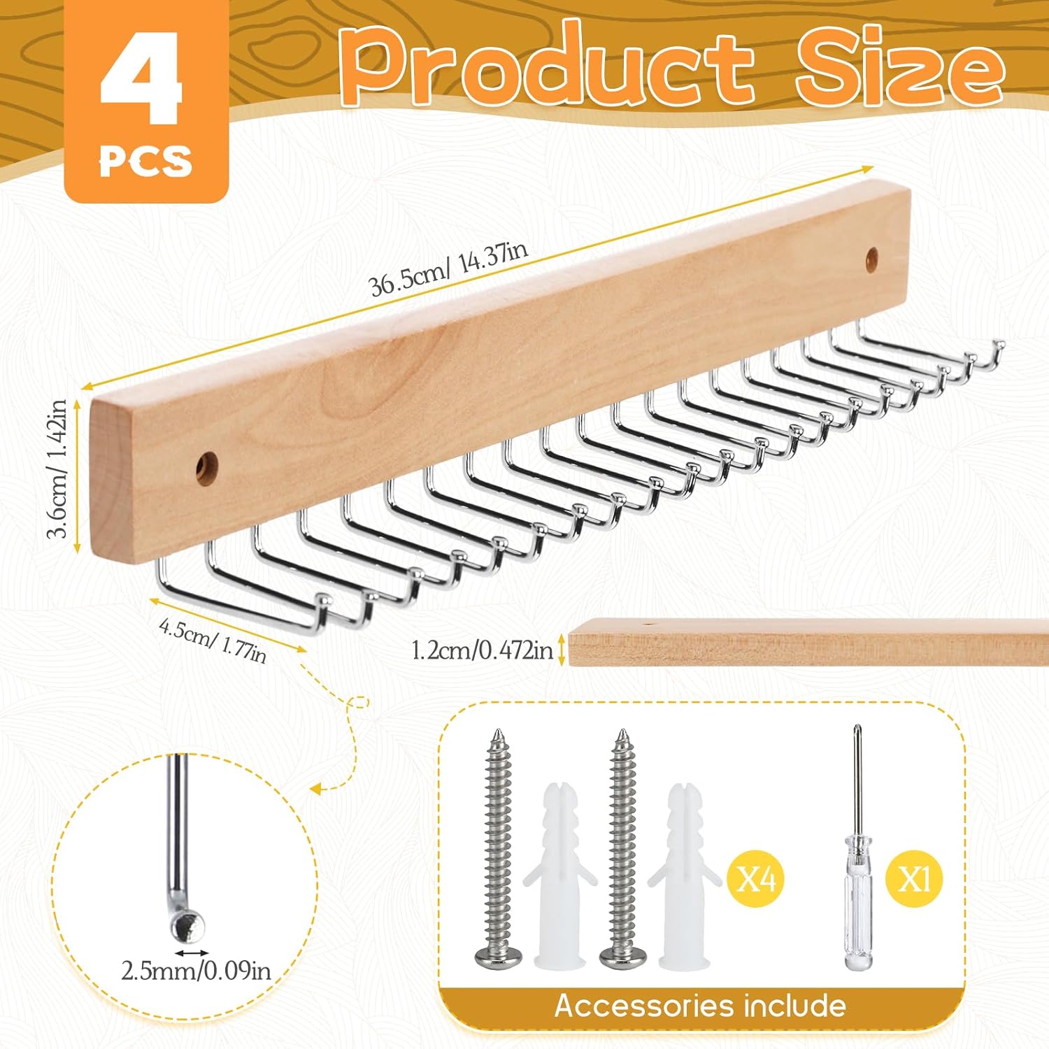 4 Pack Necklace Hanger Wall Mount, Wooden Hanging Jewelry Organizer with 80 Hooks Total, Space Saving Necklace Holder for Wall, Necklace Wall Hanger for Necklaces, Bracelets, Pendant