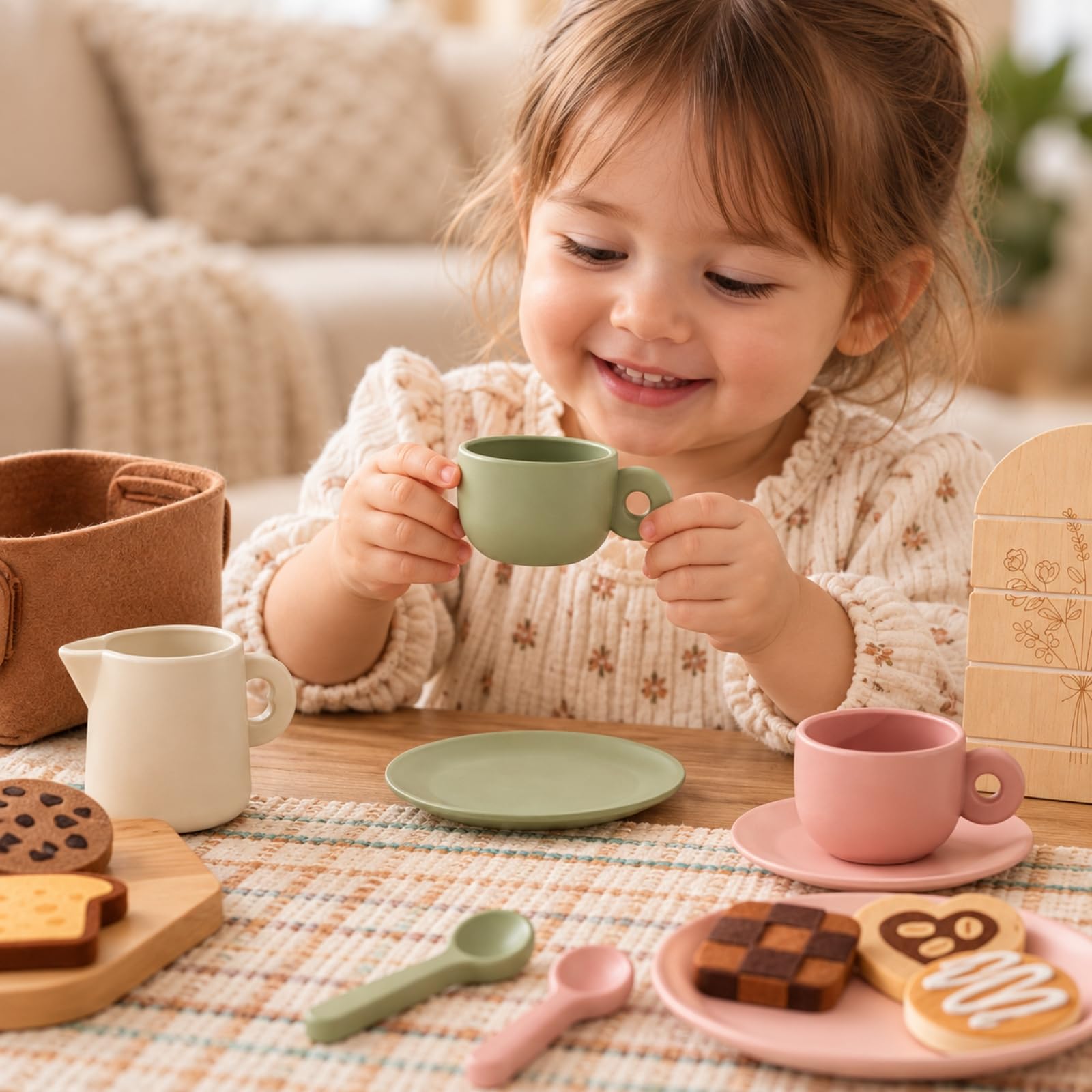 Set da tè Giocattolo con Accessori da Pranzo Robusto Set tè in Legno con Pezzi in Feltro Area Giochi