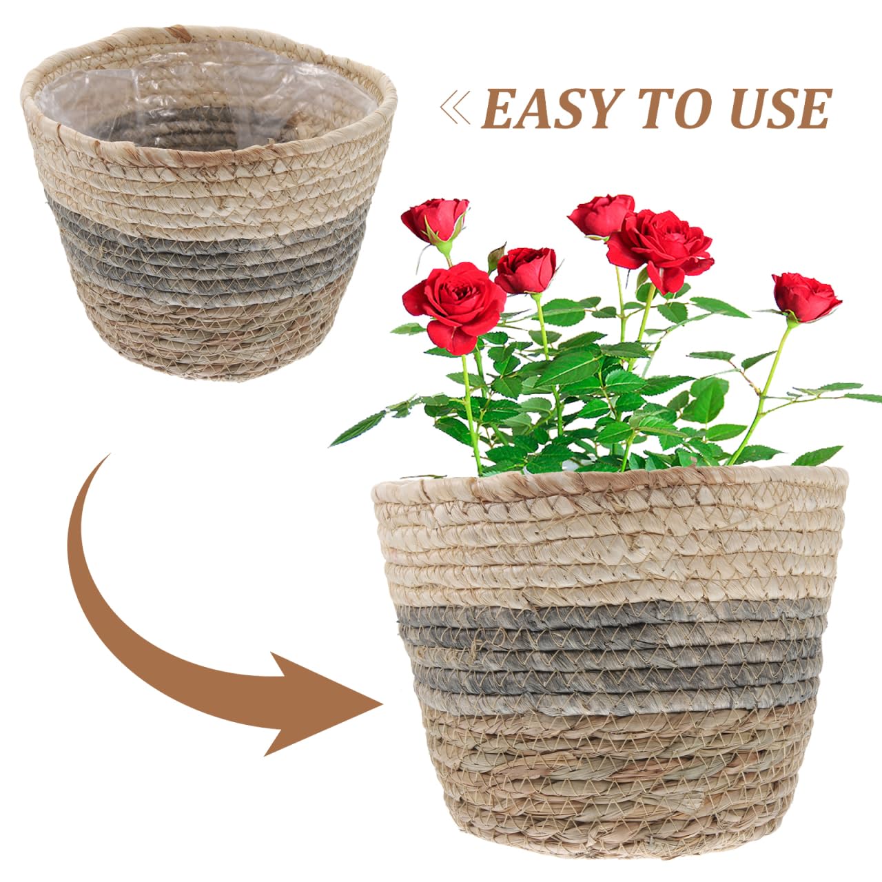 Healeved 2 x Blumenkorb, 25,4 cm, Rattan-Aufbewahrungskorb, große Blumenarrangement-Behälter, Stroh, Blumentopf, Sukkulenten, Pflanzkörbe für den Schreibtisch, rund, Braut-Topf, Abdeckung, Gras