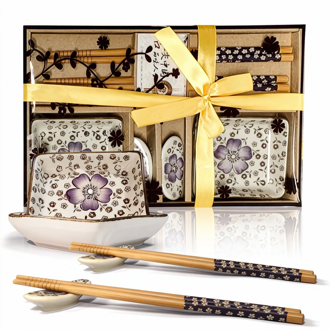 Sushi Geschirr Set für 2 Personen 6 Stück Keramik Dipschalen Set mit Pflaumenblüte Muster Perfekt als Geschenke für Paare oder Geburtstag (A2)