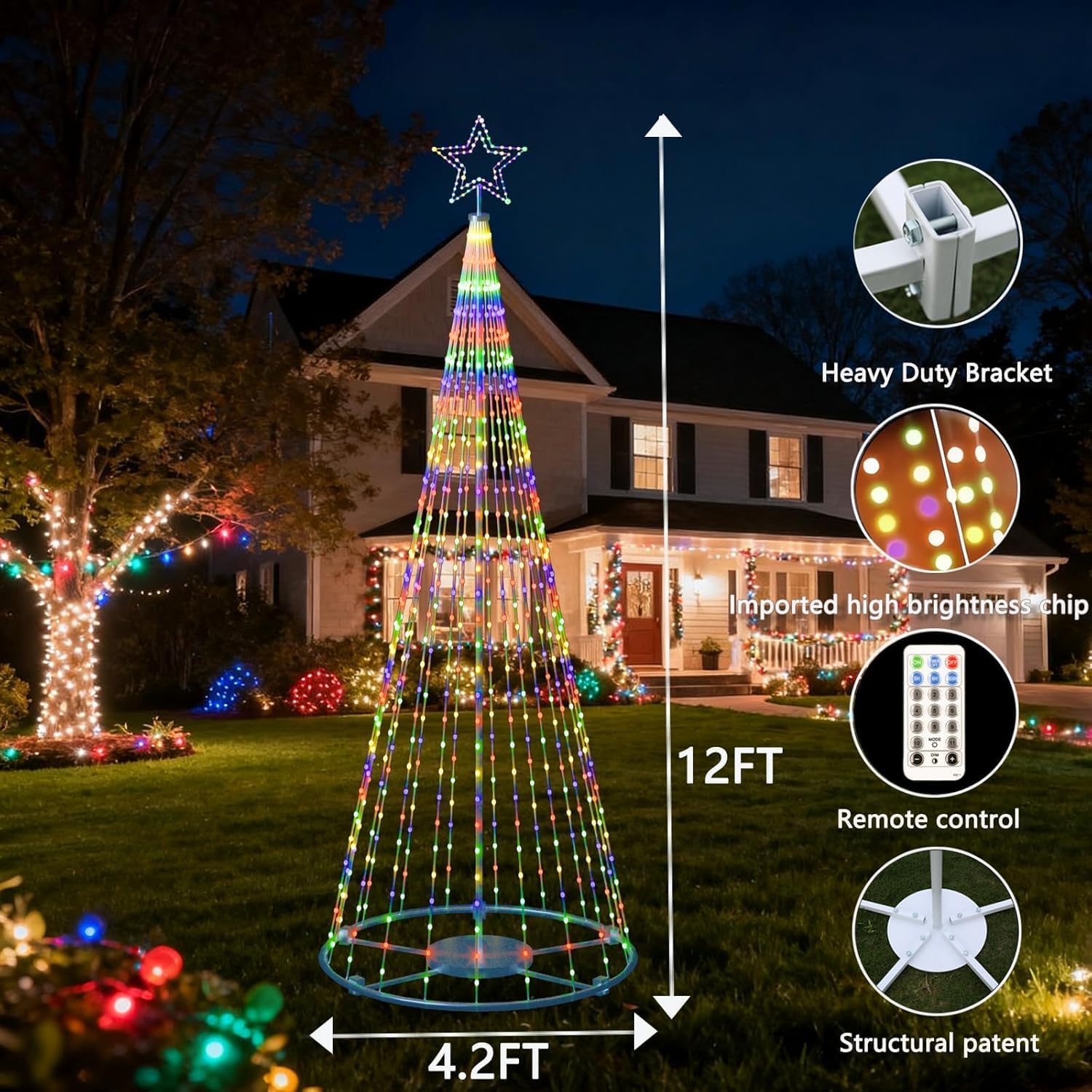 Outdoor Lighting Christmas Tree Light for Yard 12FT Smart Led Cone Outside Xmas Tree Light Show with 650 Lights Sync Musical Flag Pole Christmas Tree Kit (Customize Colors, 12Ft)