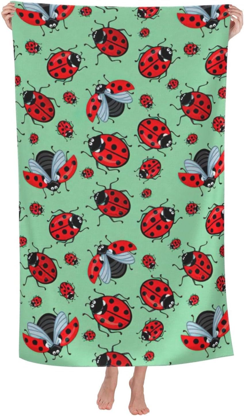 WURTON Red Ladybugs On A Blue Background Print Personalized Beach Towel Pool Towels for Summer Vacation, Beach Essentials Gifts