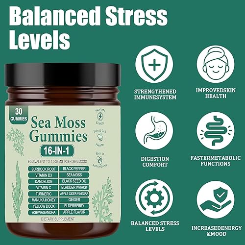 Miniatura 2 de Gomitas de musgo marino 16 en 1  Aceite de semilla negra Ashwagandha Vejiga Wrack Cúrcuma Vitamina C y D3 con raíz de bardana de manuka, diente de