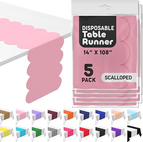 Miniatura 8 de Camino de mesa desechable de plástico gris plateado. Paquete de 5 unidades de 14 x 108 pulgadas. Camino de mesa festoneado que añade un toque de