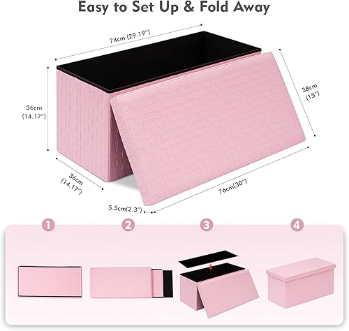 Miniatura 3 de B FSOBEIIALEO Otomana plegable de almacenamiento, reposapiés de piel sintética, banco largo, caja de juguetes para niñas, color rosa, 30 x 15 x 15