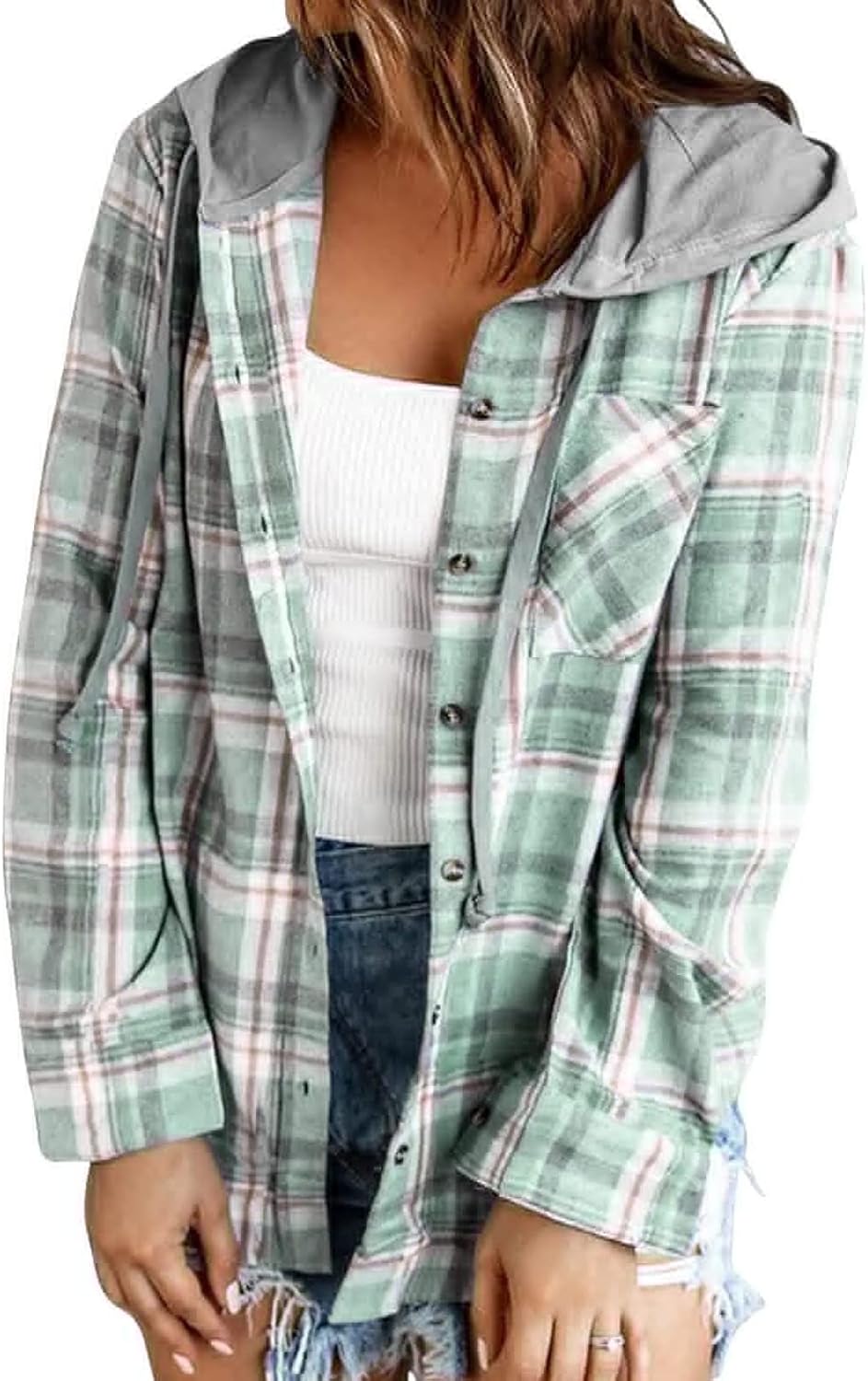 Women Plaid Hooded Shirt Drawstring Flannel Sweatshirt Hoodie Jacket Casual Button Down Blouse Tops with Pocket