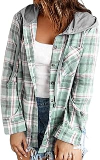 Women Plaid Hooded Shirt Drawstring Flannel Sweatshirt Hoodie Jacket Casual Button Down Blouse Tops