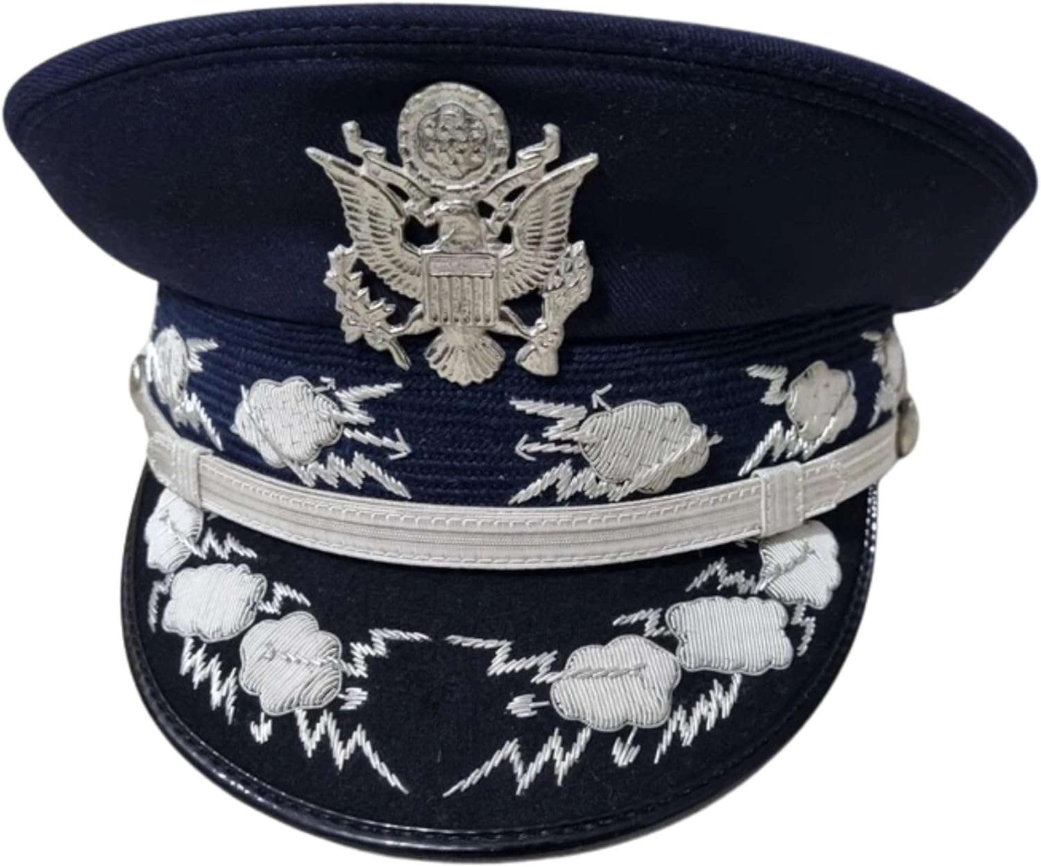 U.S. Air Force Officer Dress Cap, Navy Blue with Silver Eagle Emblem and Lightning Embroidery
