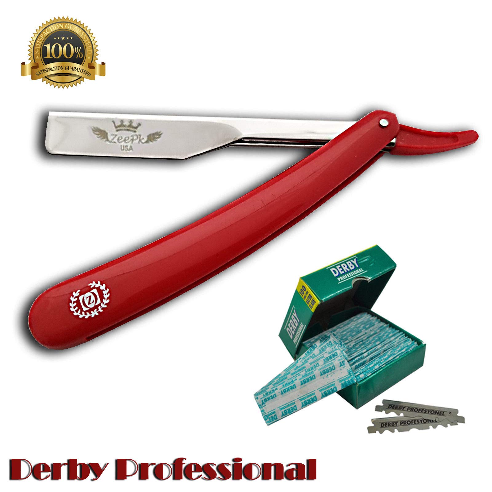 BARBER STRAIGHT RAZOR + 10 BLADES Beard Shaver RAPADA AFEITADO STAINLESS STEEL SALON Rasurar Cuchilla Ustra (Red Razor Holder)