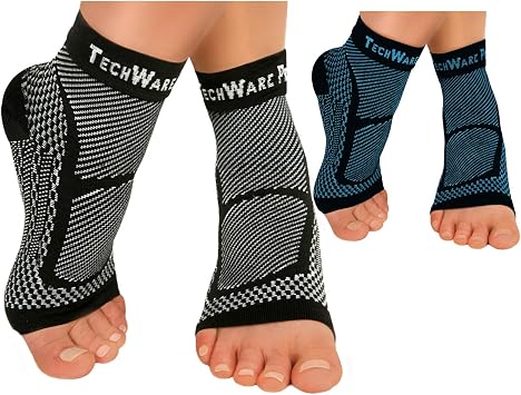 TechWare Pro Ankle Brace Compression Sleeve - Relieves Achilles Tendonitis, Joint Pain. Plantar Fasciitis Sock with Foot Arch Support. 2 Pair Bundle Black & Blue L/XL Size