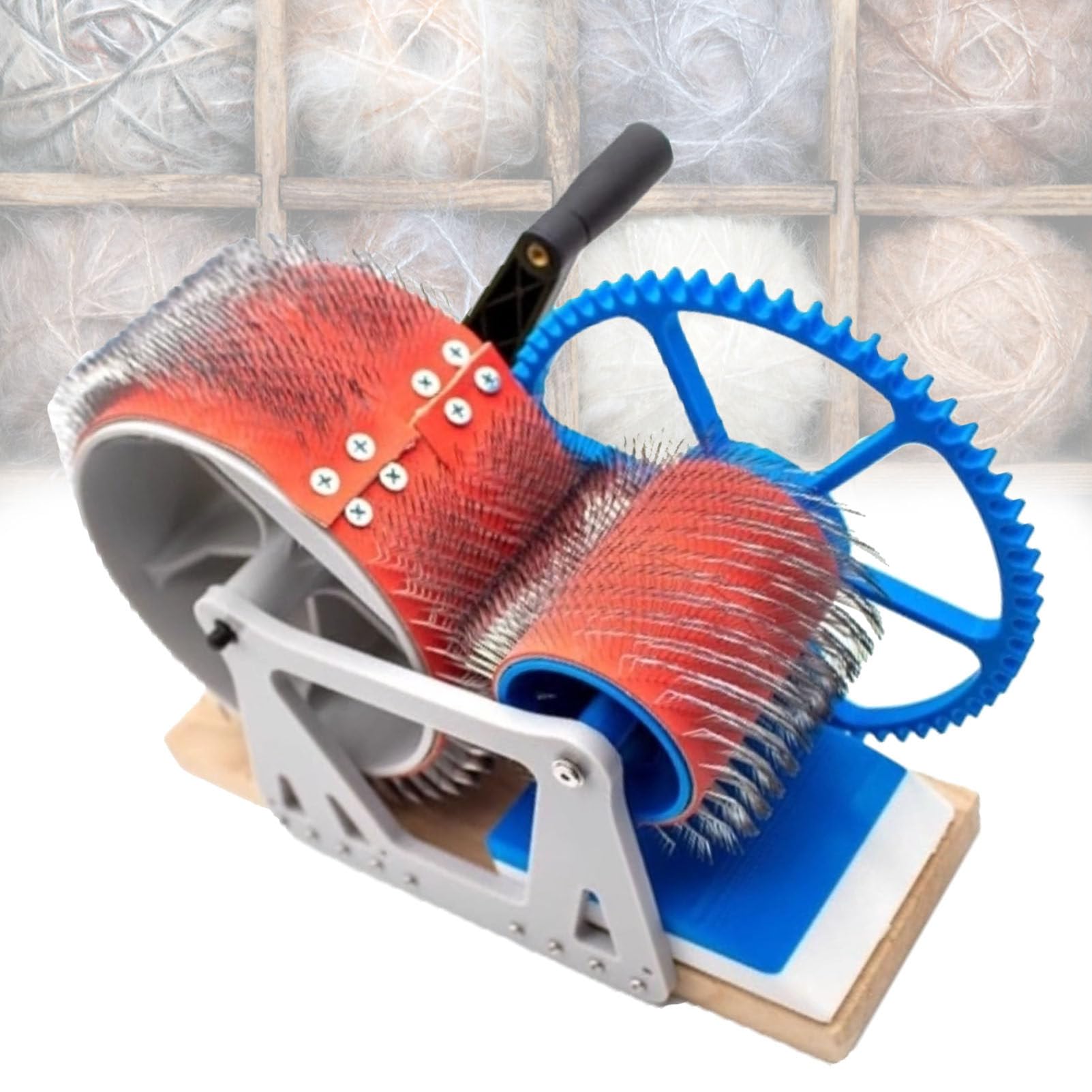 Pfps Hand Crank Drum Carder for Wool Fiber, Manual Wool Combing Machine with Wooden Blending Board, Fast Color Mixing for Spinning, Felting, DIY Craft Supplies Whiteblue