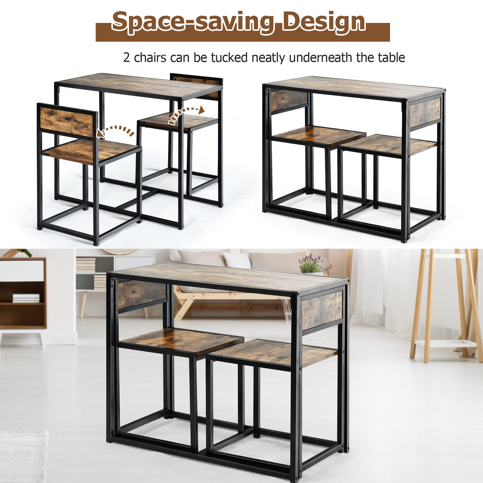 LIFEZEAL Set di da Pranzo, 1 Tavolo da Pranzo Rettangolare e 2 Sedie da Pranzo con Schienale Ergonomico, Telaio in Metallo, per Sala da Pranzo, Cucina, Ristorante, Salvaspazio, Marrone