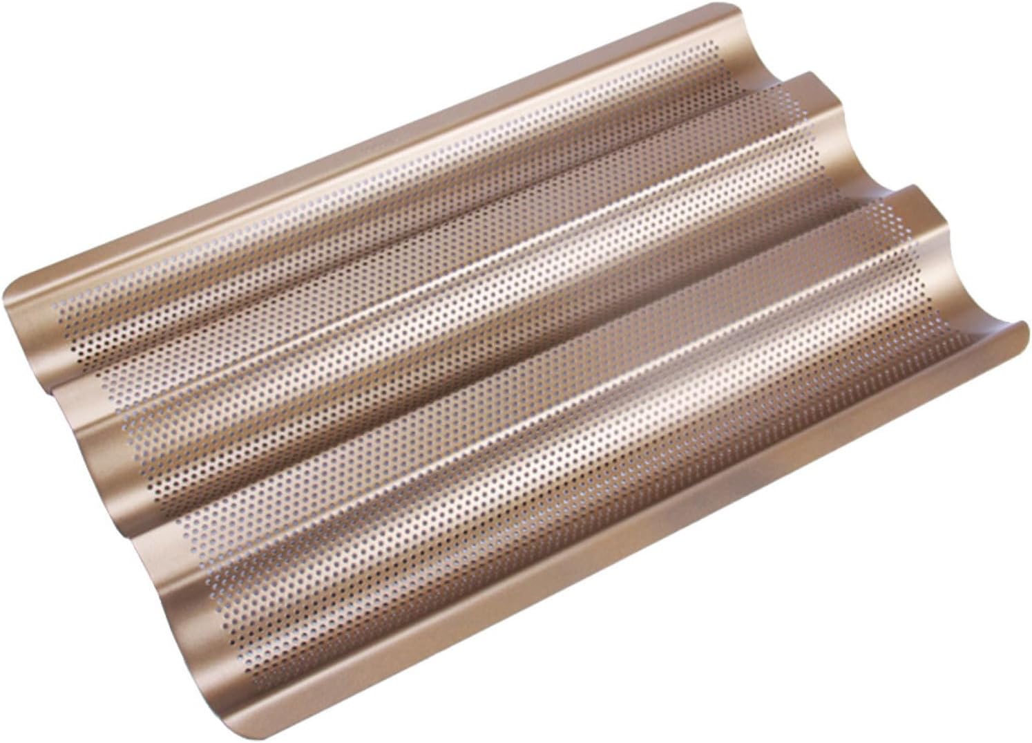 Non-Stick Carbon Steel French Bread Baking Mold, Small Three-Slot Perforated Loaf Pan for Oven Baking, Golden Mini Bread Loaf Pans Bakeware for Home Kitchen