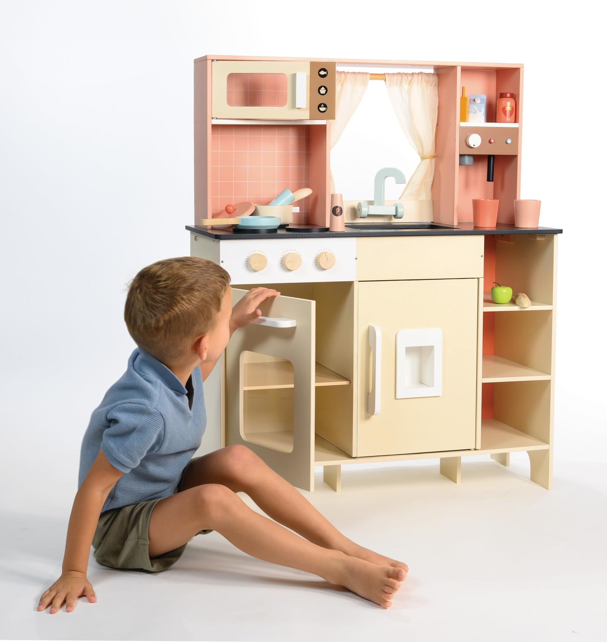 Mentari Toys Cream Play Kitchen drewniany zestaw kuchenny z ekspresem do espresso, dozownik lodu i kuchenka mikrofalowa, dla dzieci, pobudza wyobraźnię i umiejętności motoryczne