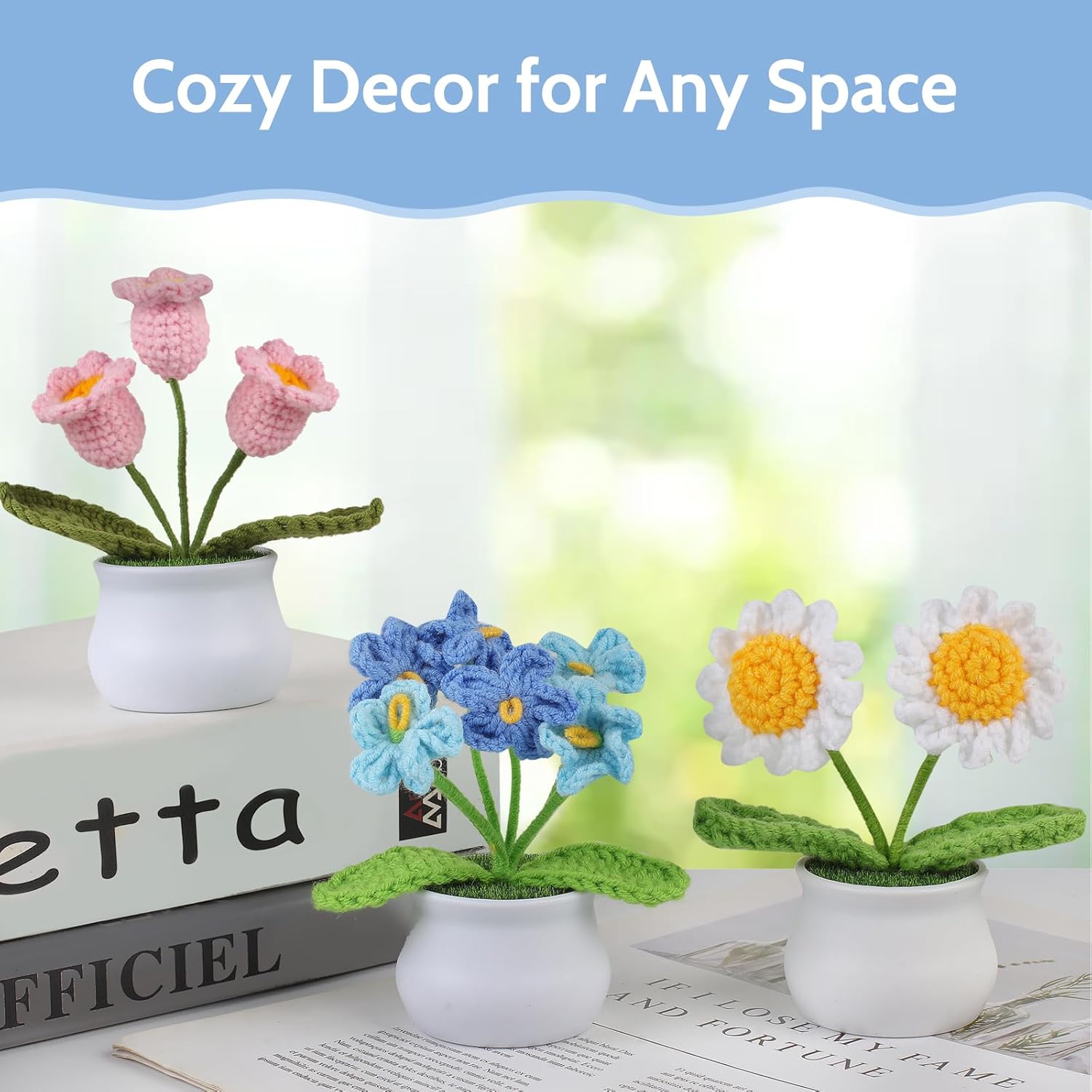 3pcs Crochet Flowers Pot, Cute Handmade Crochet Flower Desk Decor with Sunflower, Lily of The Valley, Forget Me Not, Gift for Women, Mom, Teacher, Friend, Birthday, Mother’s Day, Thank You - Image 7