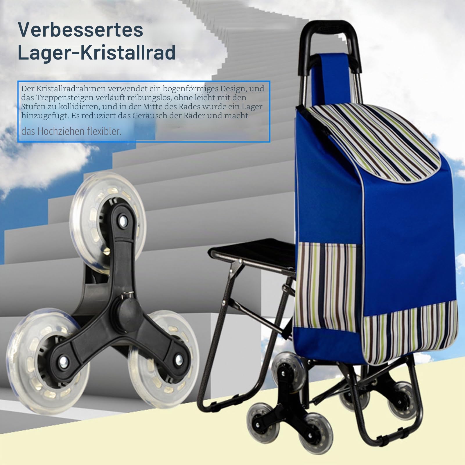 Einkaufstrolley Klappbar mit Sitz, Trolley Einkaufstrolley Treppensteiger, Robust und Langlebig, Faltbarer Einkaufswagen, Großvolumig für Einkauf, Wäsche, Reise