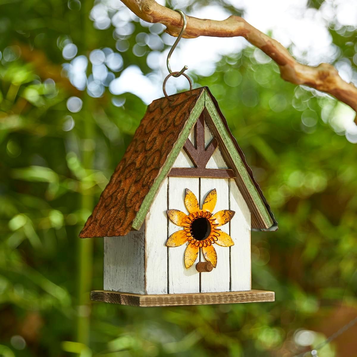Glitzhome 8.25" Distressed Solid Wood Hanging Birdhouse for Outside - Cottage Style Outdoor Garden Bluebird House with 3D Metal Roof