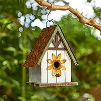 Glitzhome 8.25" Distressed Solid Wood Hanging Birdhouse for Outside - Cottage Style Outdoor Garden Bluebird House with 3D Metal Roof