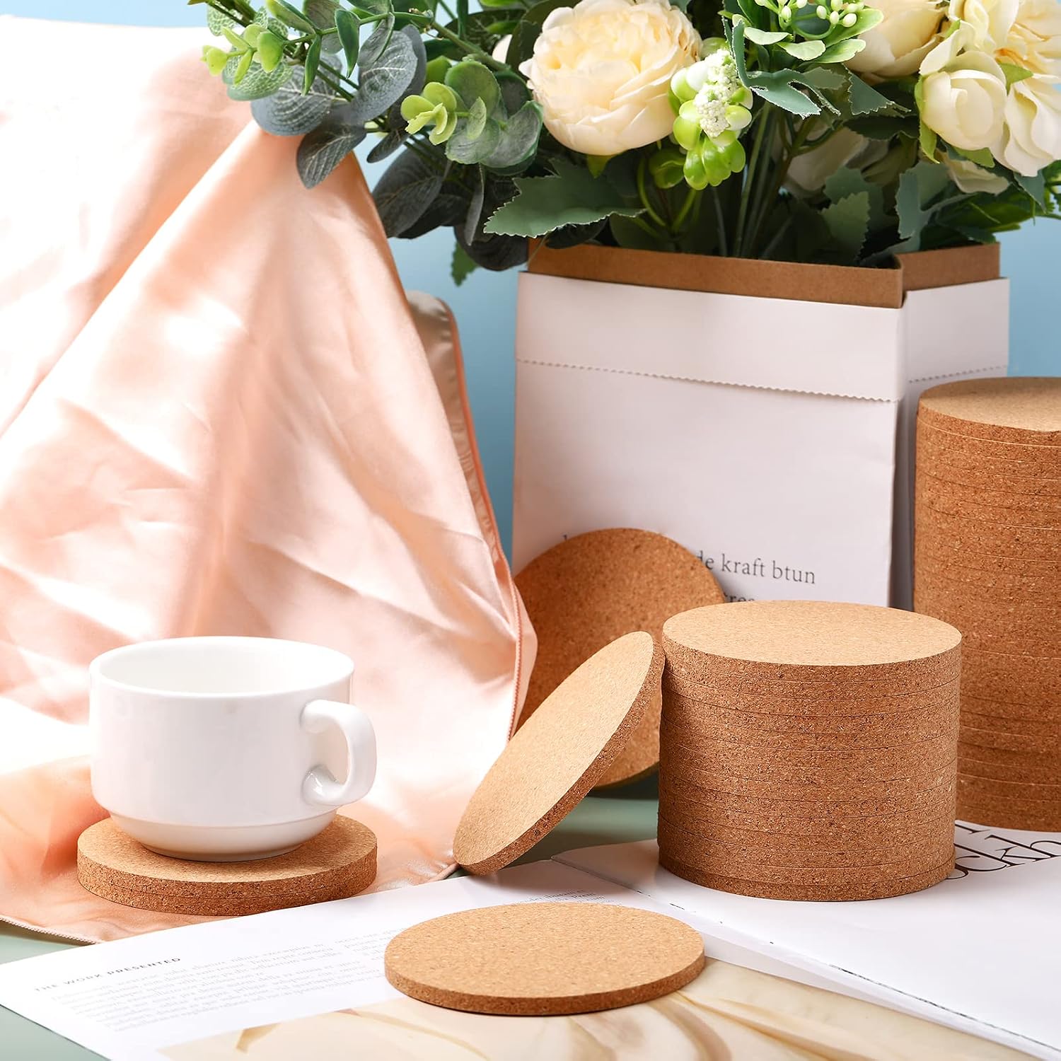 Pinkunn 100 Pcs Cork Coasters Bulk for Drinks 3.5 Inch Absorbent Heat Resistant Blank Cork Coaster for Laser Engraving Round Non-Slip for Wine Glass, Mug, Coffee Cup, Plant, Tabletop Decoration