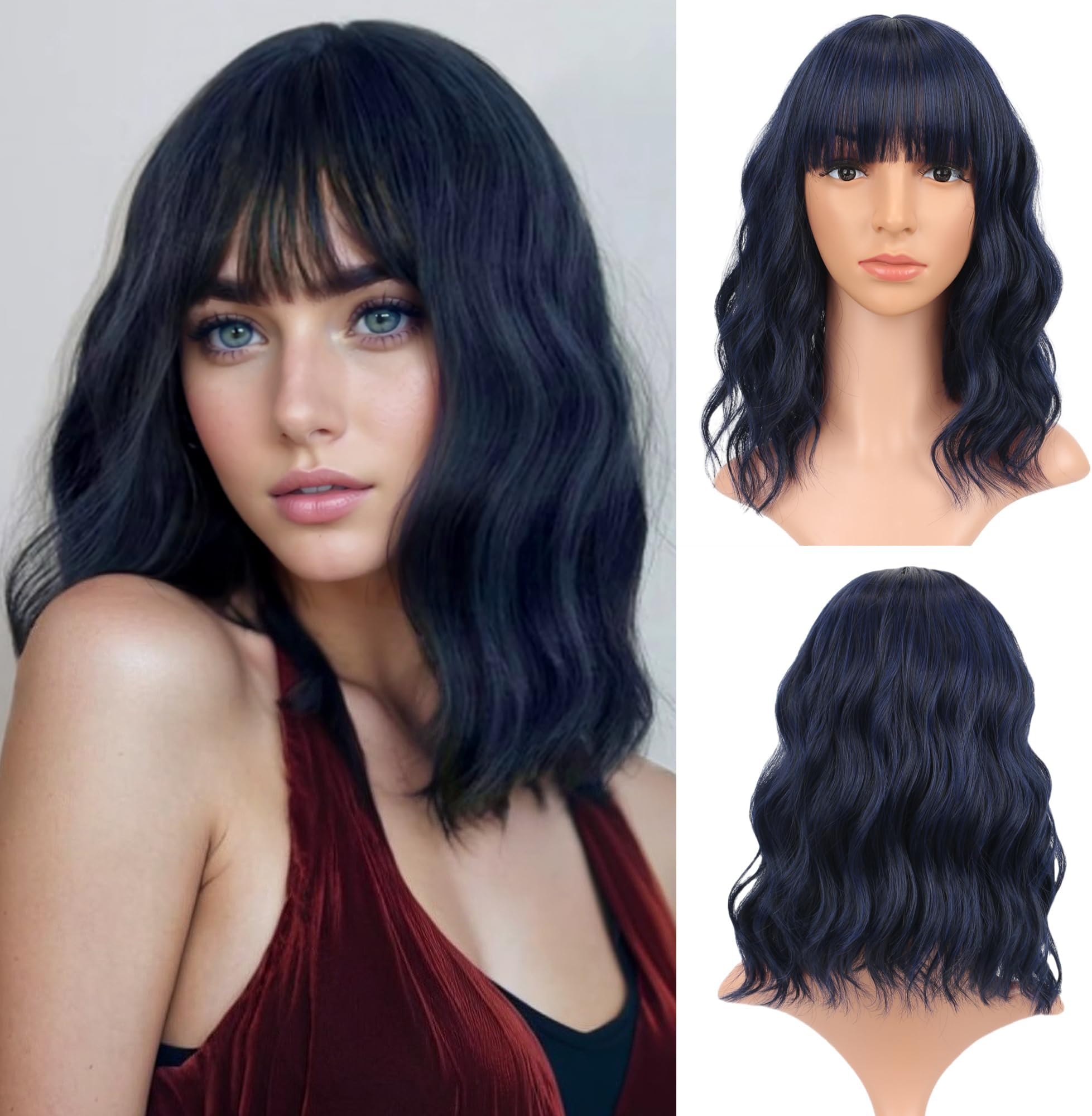 Short Bob Wigs Black mix Royal blue Wavy Wig With Air Bangs Women's Shoulder Length Curly Wavy Synthetic Cosplay Pastel Bob Wig for Girl (12", Black mix Royal blue)