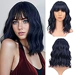 VCKOVCKO Short Bob Wigs Black mix Royal blue Wavy Wig With Air Bangs Women\'s Shoulder Length Curly Wavy Synthetic Cosplay Pastel Bob Wig for Girl (12, Black mix Royal blue)