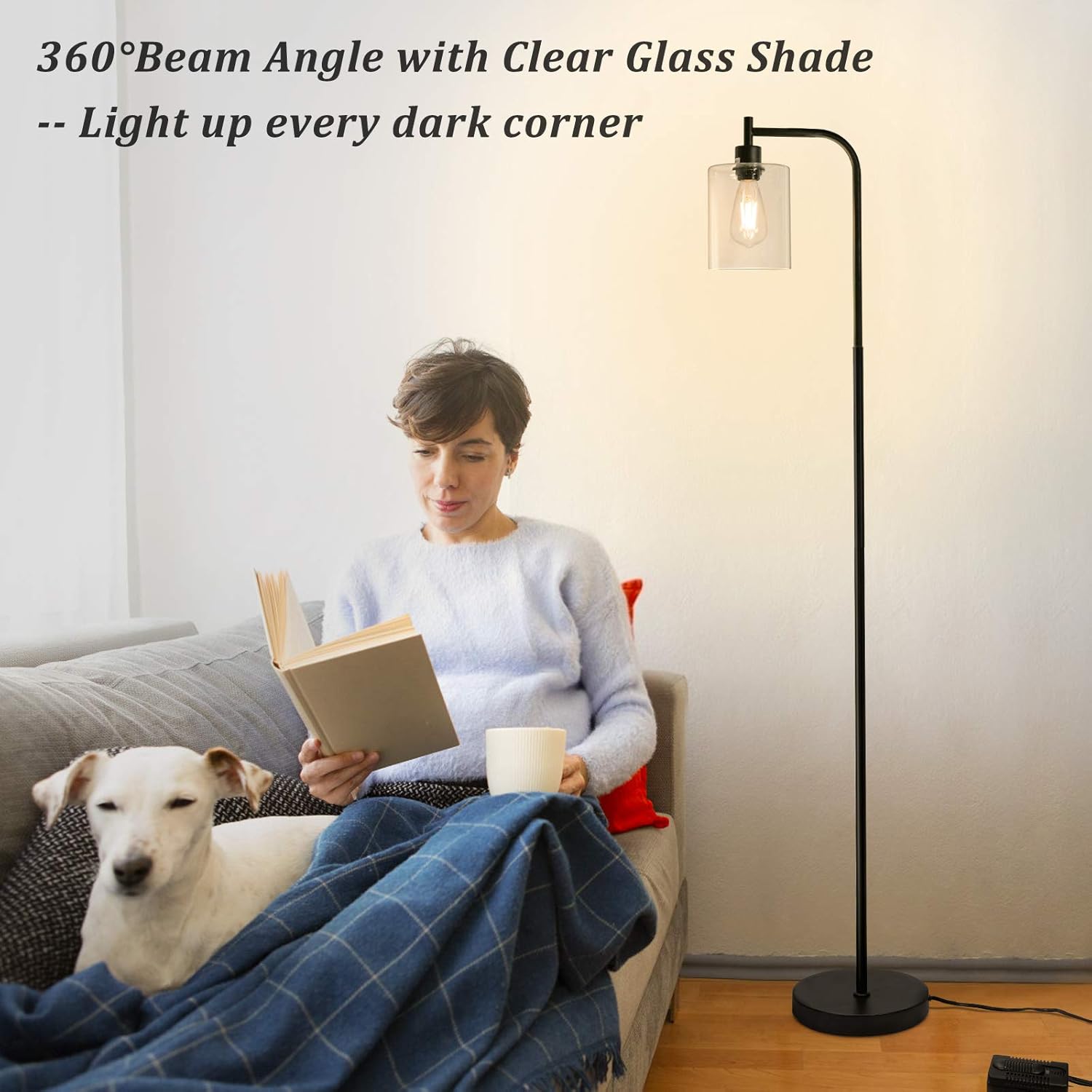 Bеѕt Quаlіtу 🔥 Boncoo Industrial Floor Lamp Fully Dimmable LED Floor Lamp Simple Standing Lamp with Glass Shade, Minimalist Tall Pole Lamp Farmhouse Corner Light for Living Room Office Reading, 8W LED Bulb Included