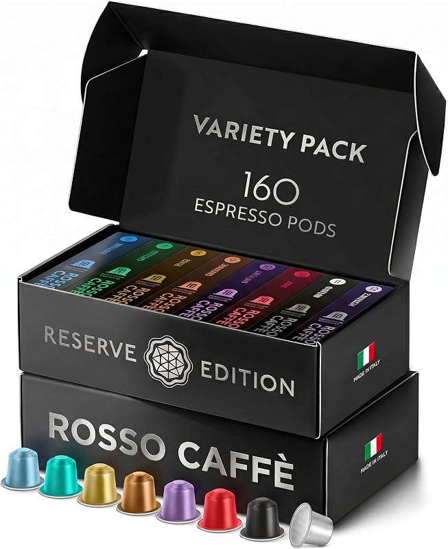 ROSSO CAFFÈ Espresso Pods for Nespresso Original Machines, Variety Pack 160 | 8 Signature Blends • Italian Made • Rich Crema • Medium to Dark Roast