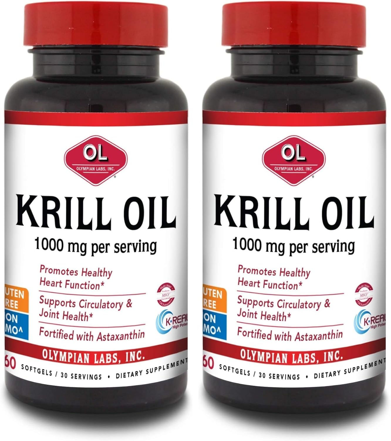 Olympian Labs Antarctic Krill Oil, 1000mg Caps with Astaxanthin, Omega-3, EPA, DHA, Immune, Joint & Brain Support, 60 Softgels (Pack of 2)