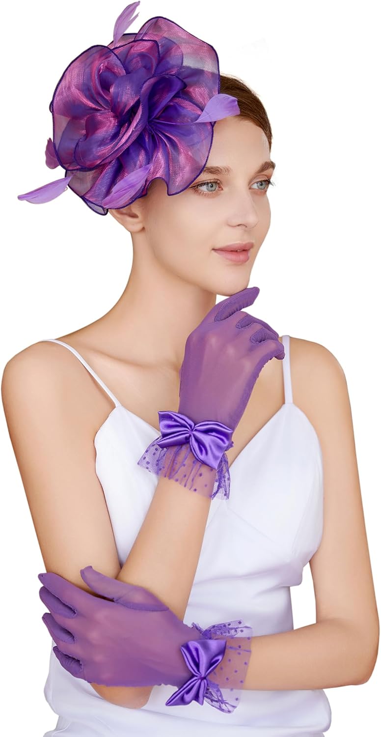 Fascinators Hat Flower Mesh Feathers Headband Derby Hat Clip Tea Party Headwear and Lace Gloves with Bows for Women