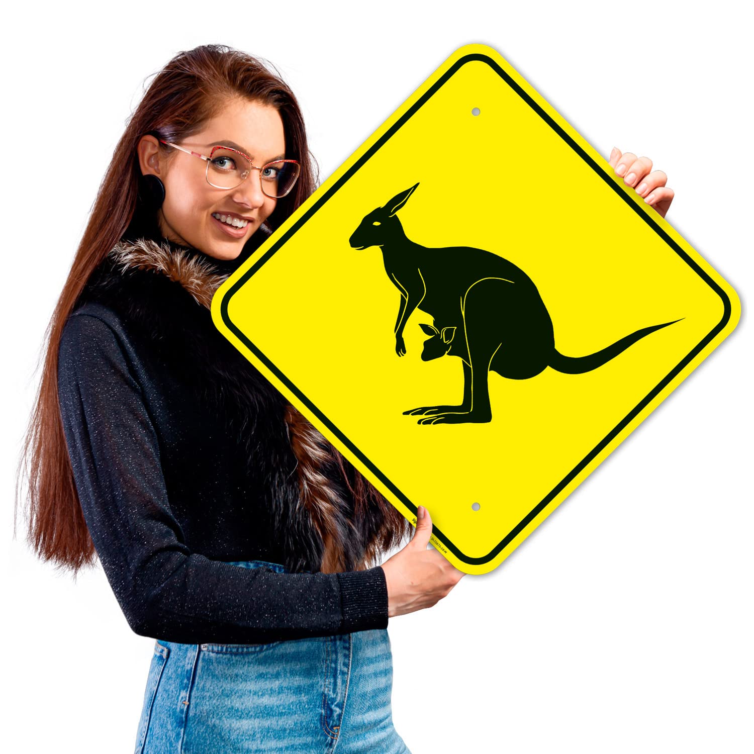 Kangaroo with Joey Crossing Sign, 18x18 Inches, Rust Free .063 Aluminum, Fade Resistant, Made in USA