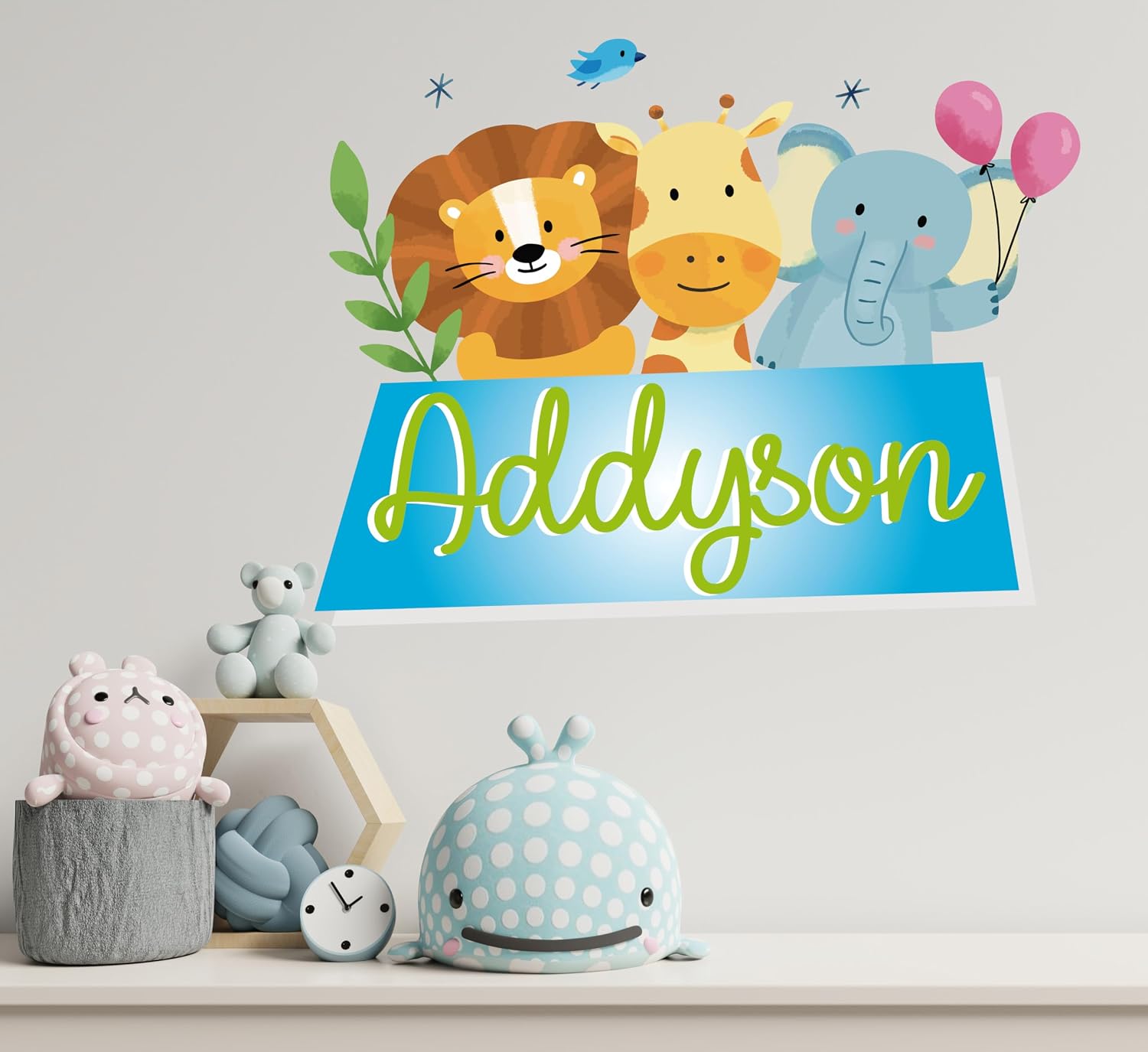Custom Name Lion Giraffe Elephant Wall Decals - Animals Wall Decals Peel and Stick - Animals Custom Name Vinyl Wall Decal Sticker - Wall Decal for Nursery Bedroom playroom Decor (Wide 30"x26" Height)