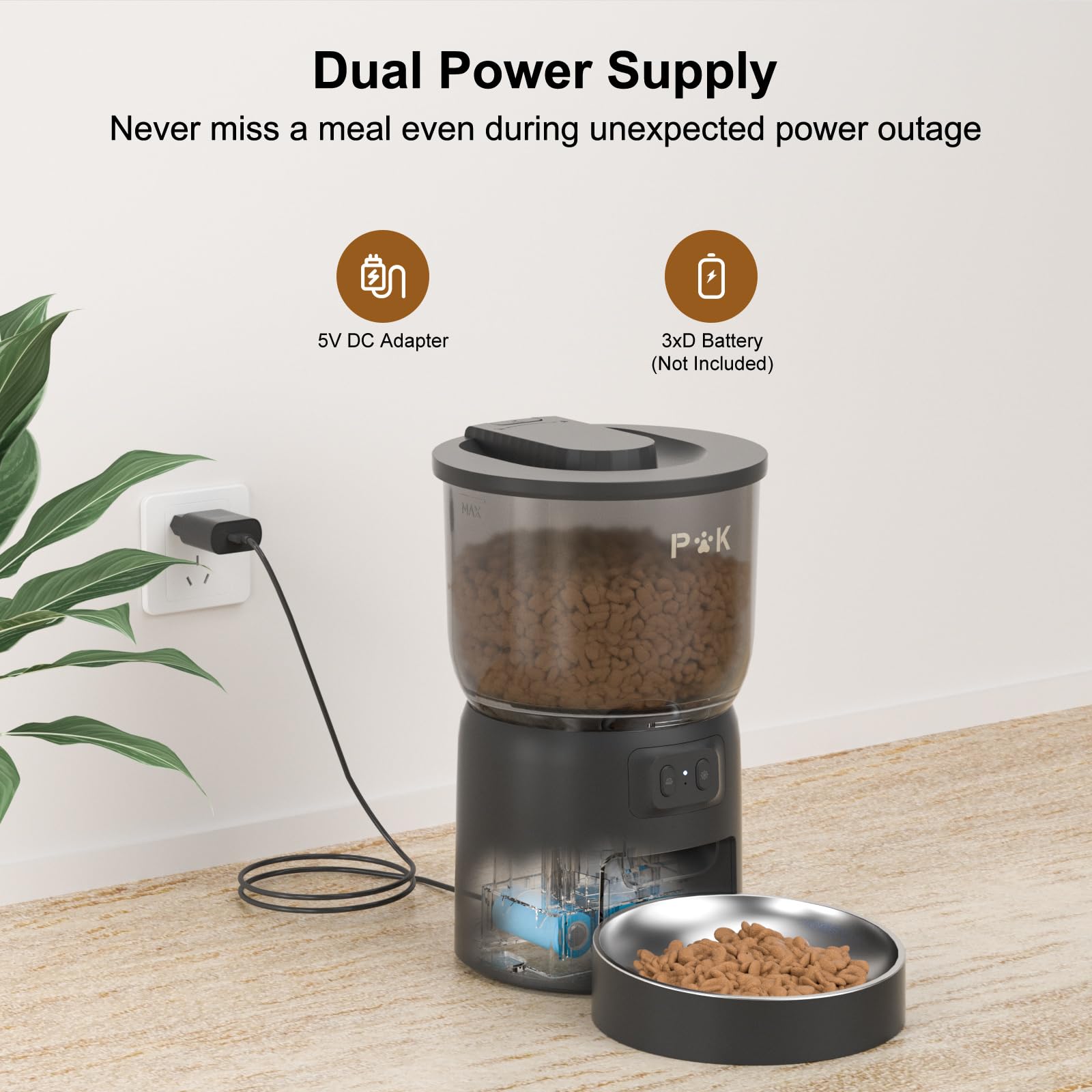 PUPPY KITTY Distributore Automatico Cibo Gatti, 2.4G WiFi 3L Dispenser Cibo Gatti con Ciotola in Acciaio Inox, 1-6 Pasti al Giorno