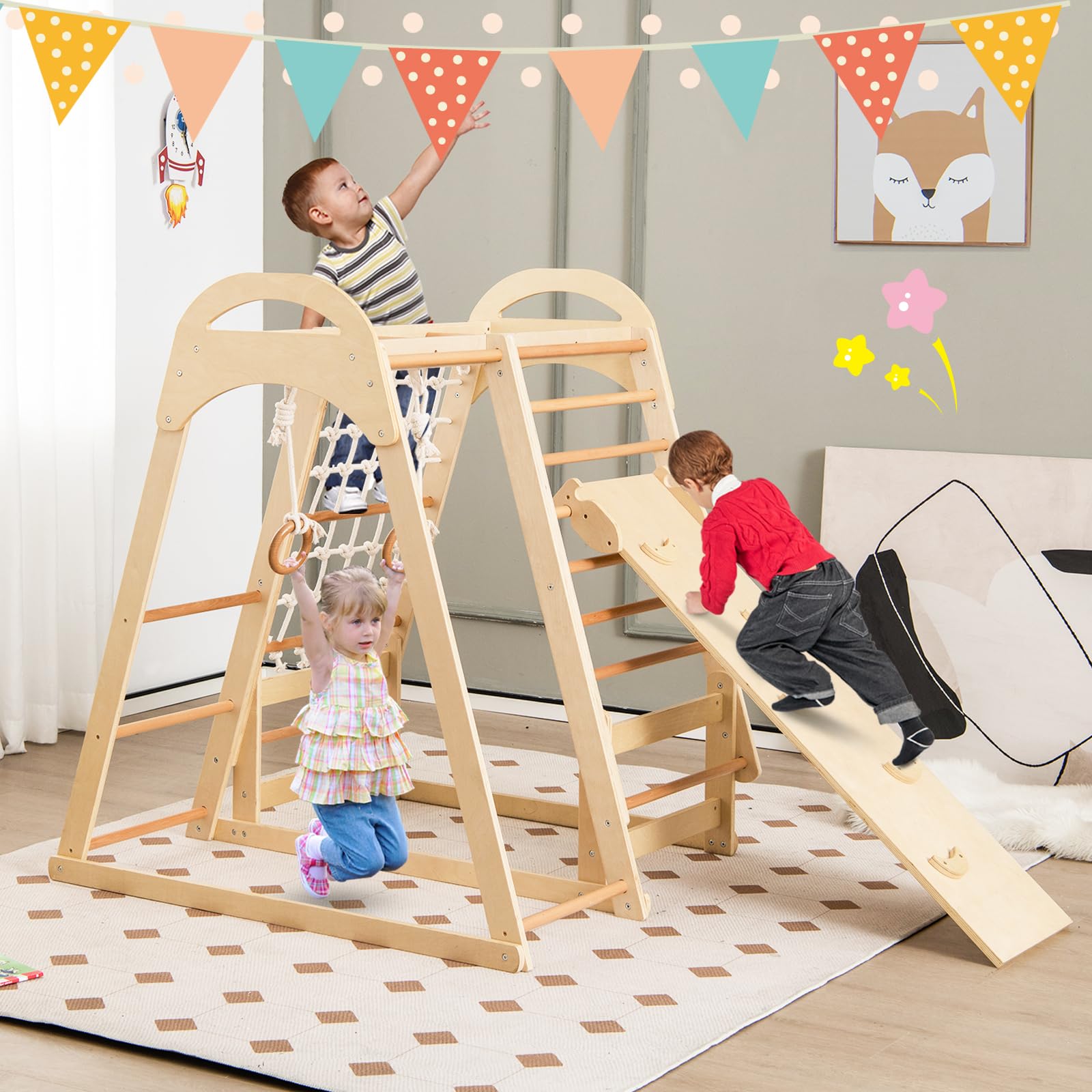 LIFEZEAL 6 in 1 Kletterdreieck Indoor, Klettergerüst mit Rutsche aus Holz, Kletternetz & Kletterleiter & Ringe, Kinderspielplatz Kletterspielzeug ab 3 Jahre