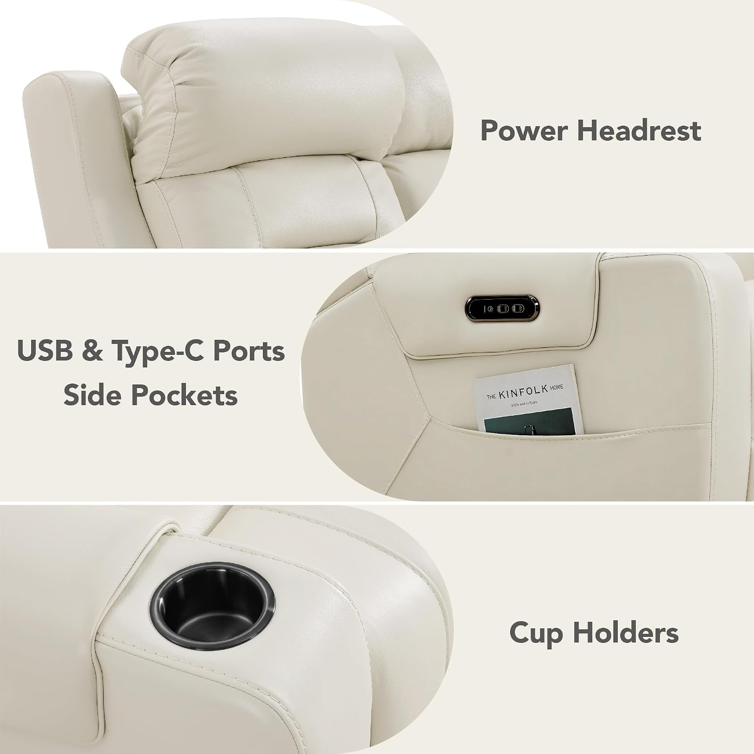 Watson & Whitely Genuine Leather 3-Seater Power Reclining Sofa with USB & Type-C Ports Cream