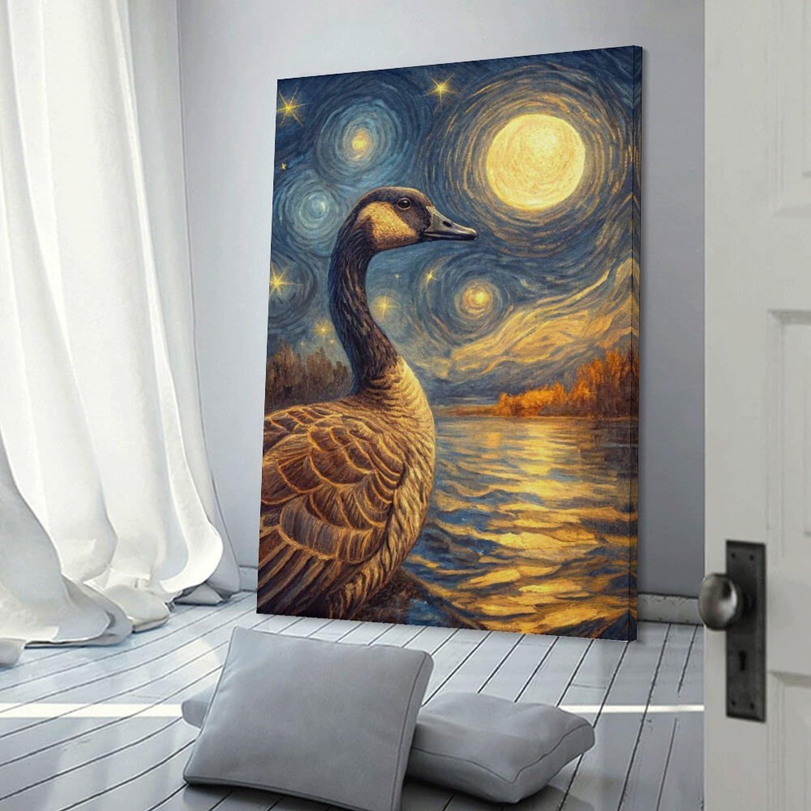 Junmoney Wall Picture Print Goose Under Starry Night Sky, 20x30inch(50x75cm), for Wall Displays, Bedrooms Or Room Updates, Wall Decor Suited to Curated Displays