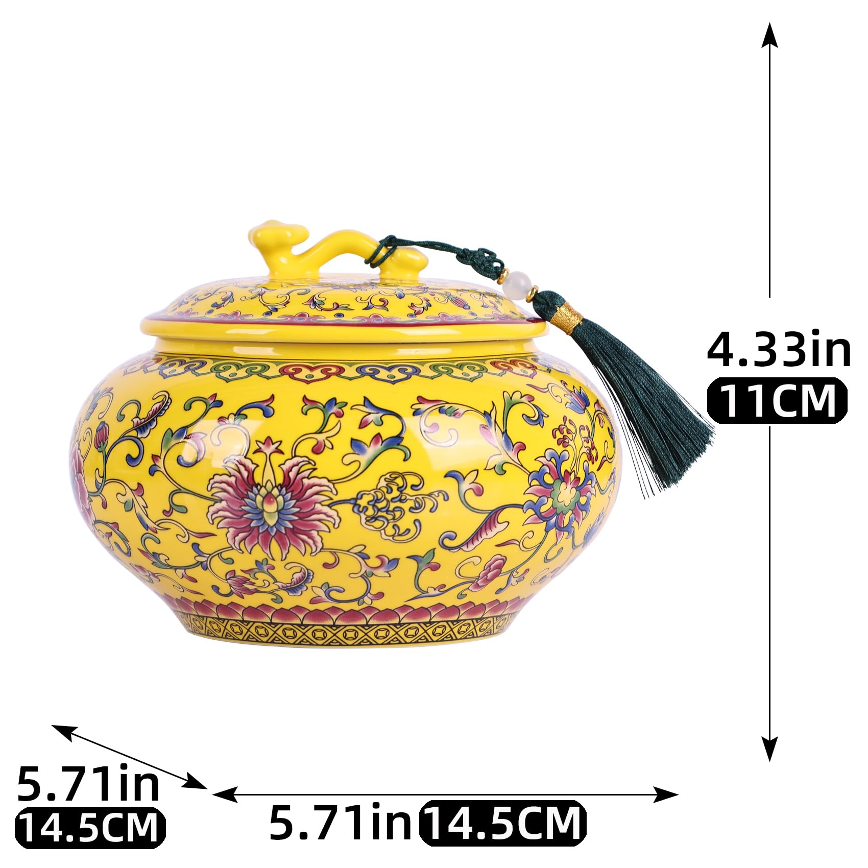 Pot à gingembre décoratif en céramique émaillée pour décoration d'intérieur – Pot de rangement en porcelaine bleu et blanc, vase à fleurs chinoiserie, récipient décoratif multifonction (jaune)