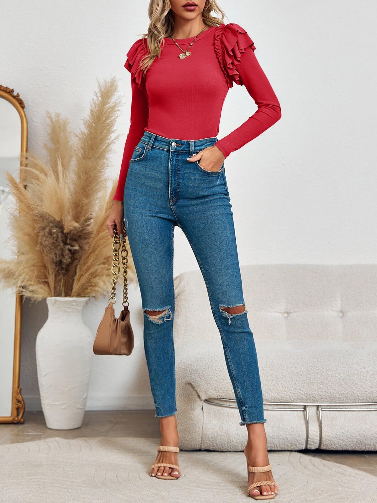 Tankaneo Camicie da donna a maniche lunghe con volant top in maglia a costine autunno casual t-shirt girocollo