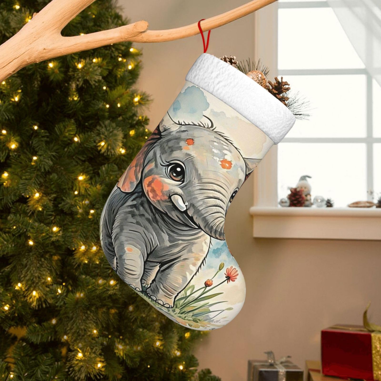Velvet Christmas Stockings 17.7 Inch, Elephants Xmas Stocking with Soft Cuff,Classic Personalized Christmas Tree Decoration for Family Holiday New Year Party Supplies