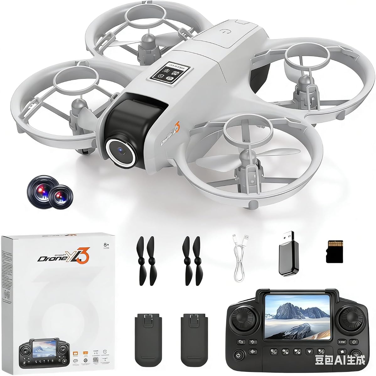 Mini Drone YL3 con cámara dual, desplazamiento de flujo óptico, zoom de 50X, giro de acrobacias de 360°, cuadricóptero RC para niños y principiantes con control remoto de pantalla (control de pantalla YL3 gris)