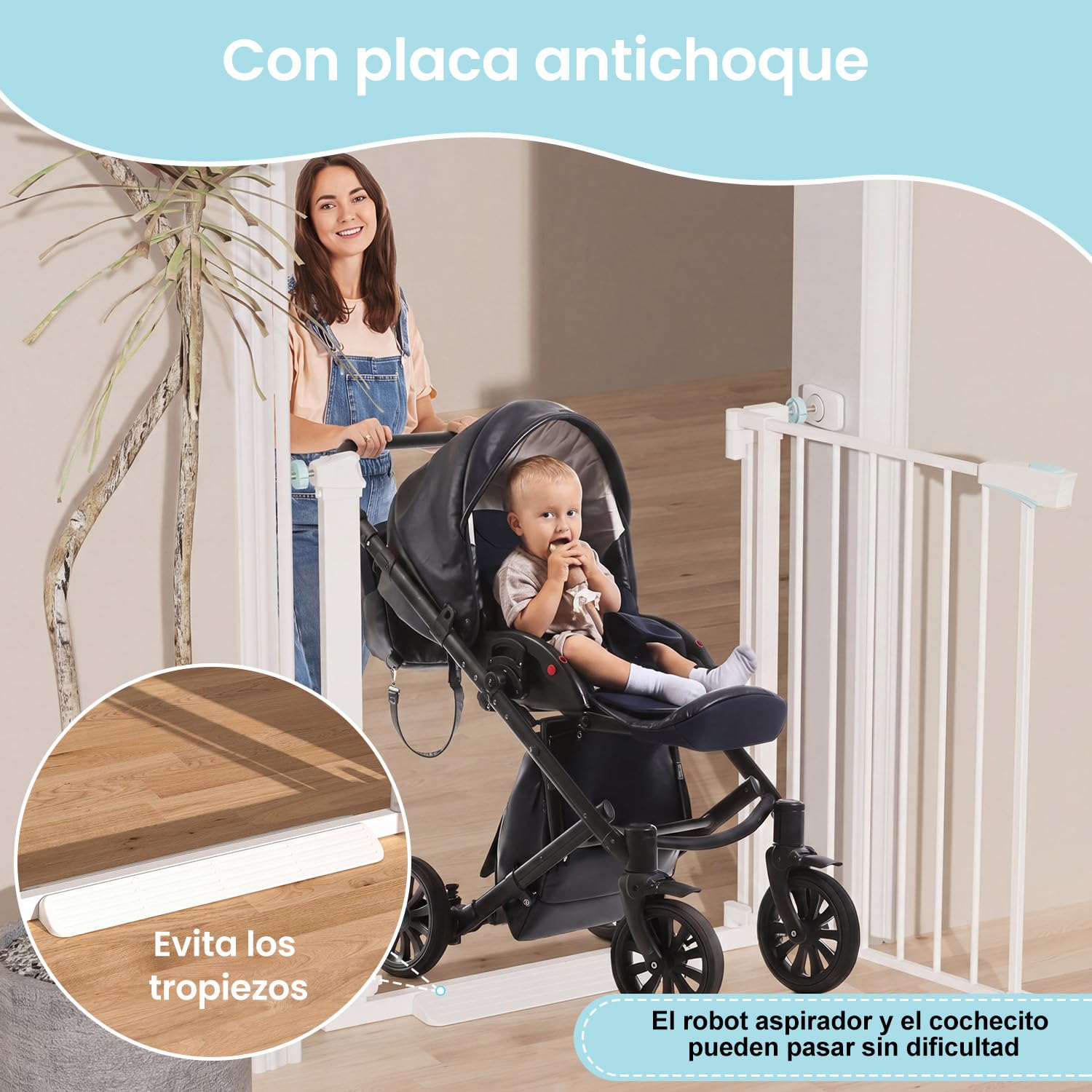 YEAUPE PRO Barrera de Seguridad Niños Escalera, 89-93 CM, Valla de Seguridad Infantil sin Tornillos, Puerta de Seguridad para Bebé y Perros, Apertura Una Mano, Doble Bloqueo, Uso en Interiores, Blanco