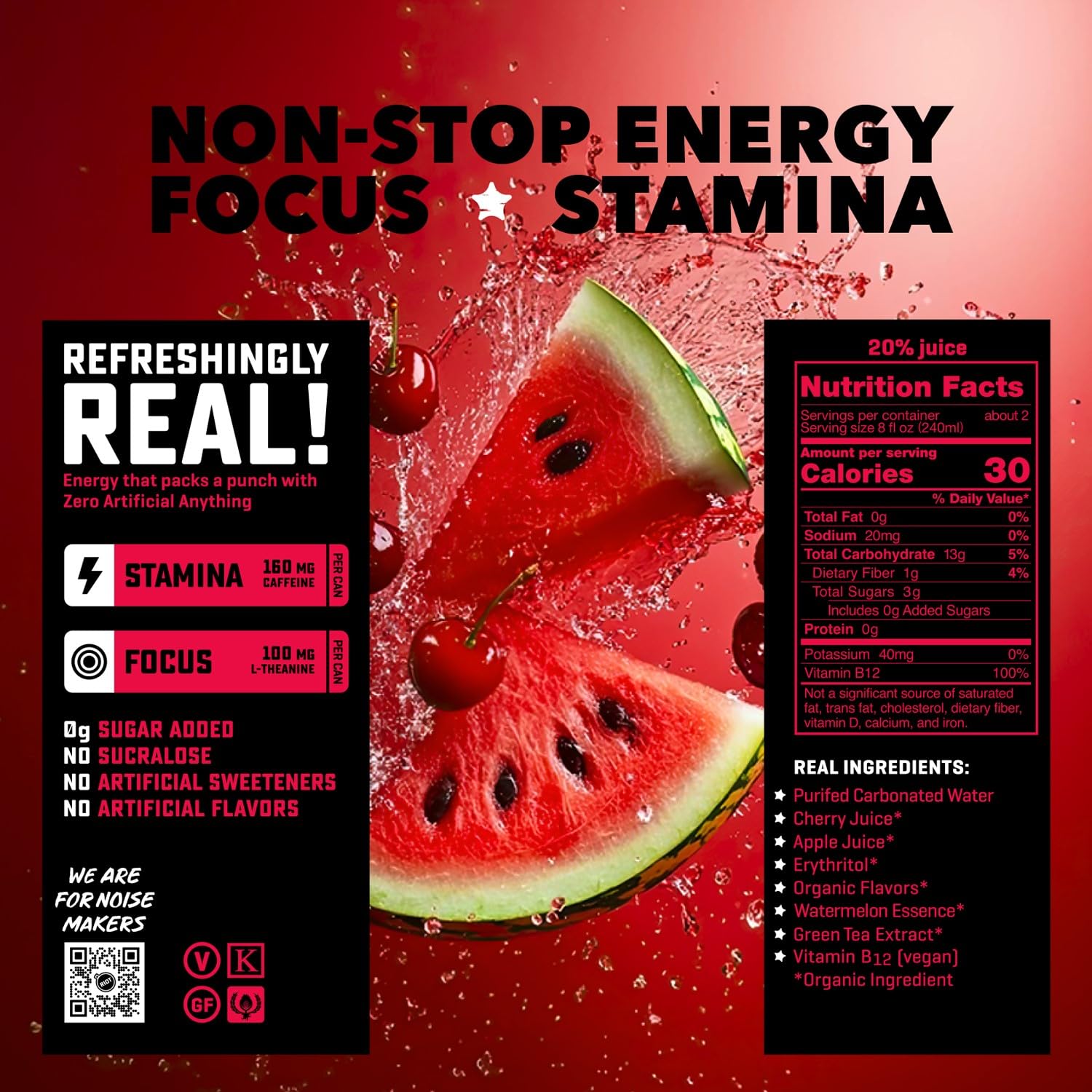 RIOT Clean Energy Drink – Cherry Watermelon | No Sucralose, No Sugar Added, No Artificial Flavors | 160mg Natural Caffeine + 100mg L-Theanine | Clean Focus & Smooth Energy | 16 Fl Oz (Pack of 12)