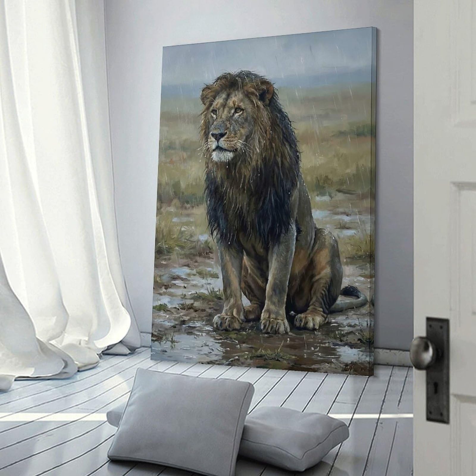 Junmoney Lion in The Rain Home Decor Wall Art 24x36inch(60x90cm), for Home, Office, Studio Or Guest Room, Canvas Wall Art That Fits Changing Layouts