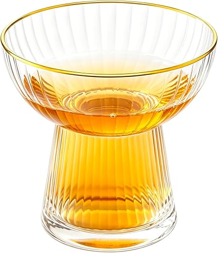 Elegant 10.8 fl oz Hand Blown Ribbed Glass Bowl, 4.3 in Tall Dessert & Milk Tea Footed Dish with Gold Rim, Stable 2.6 in Base, Golden Edge Transparent Pedestal Cup for Sweets & Beverages
