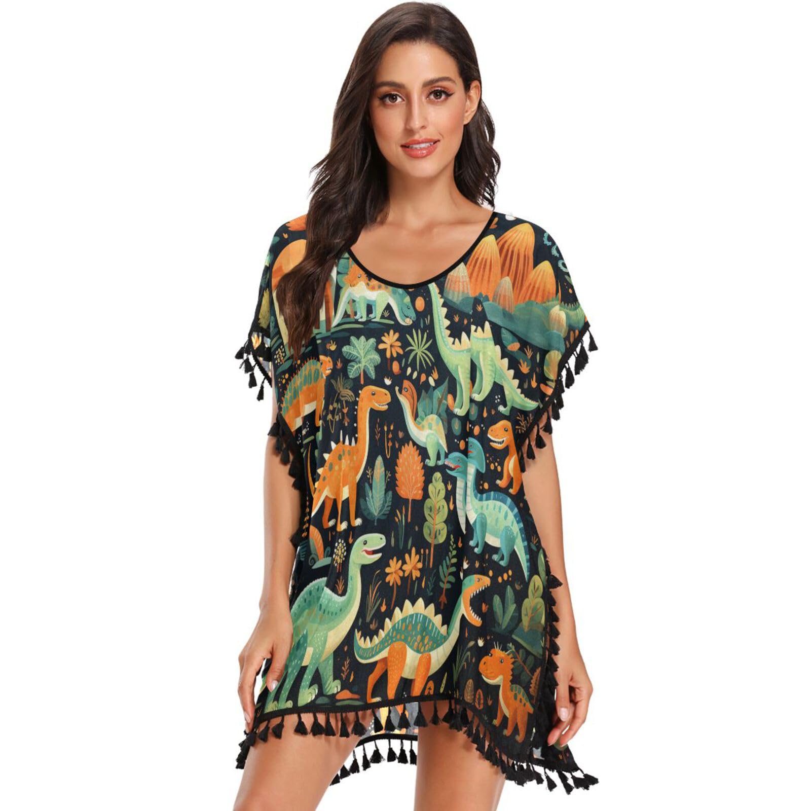 KAAVIYO Cartoon Green Dinosaurs Women's Beach Cover Up Chiffon Tassel Swimwear Swimsuit Coverups for Girl