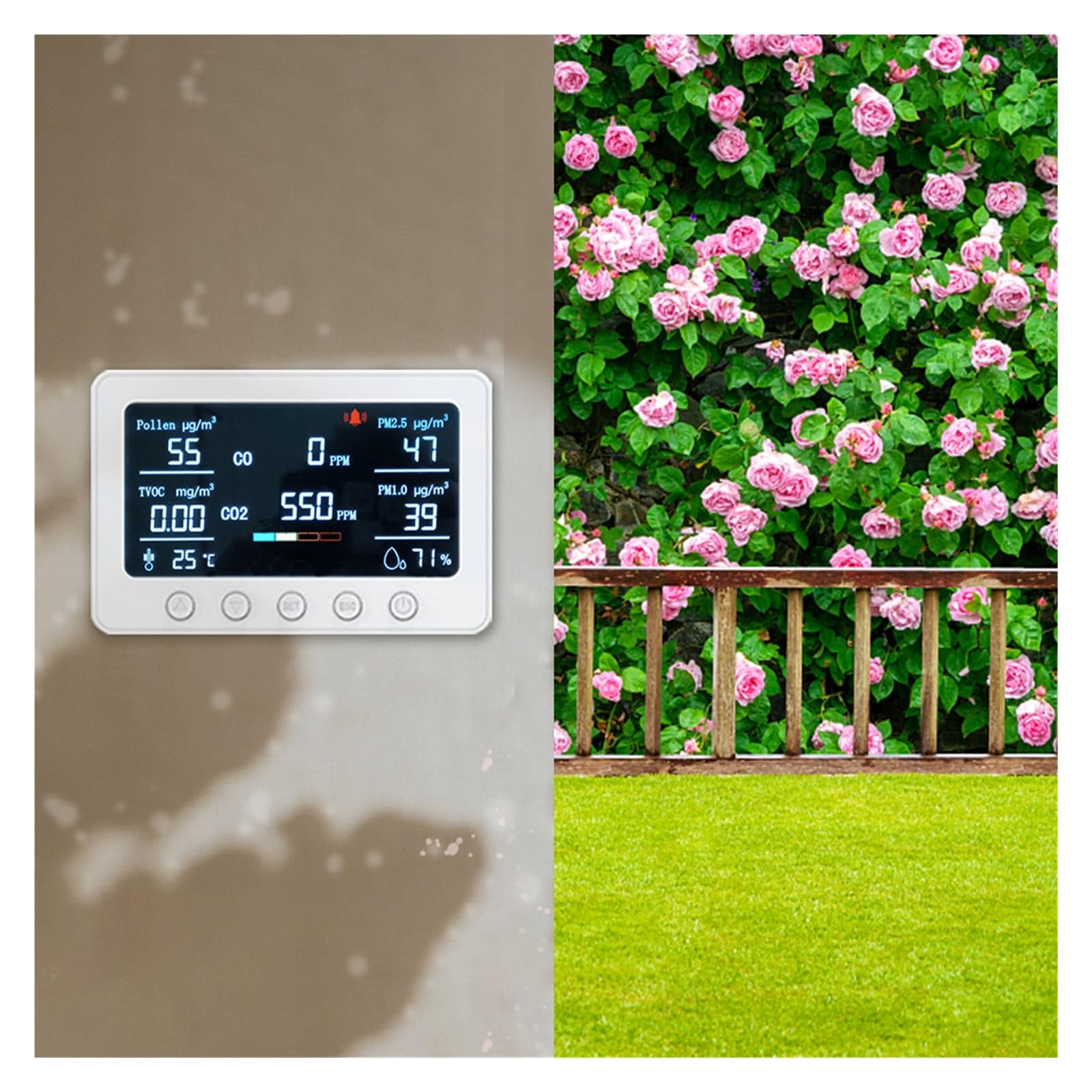 Rilevatore di gas, Monitor WiFi della qualità dell'aria Misuratore di temperatura e umidità 8 in 1 con sensore Smart Tuya NDIR di allarme