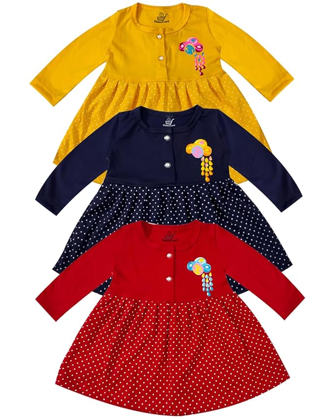 KidzzCart Baby Girls Pure Cotton fit and Flare Knee Length fullsleeves Frock Dresses Pack of 3